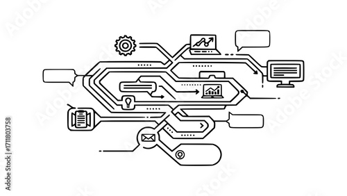 Abstract diagram illustrating a complex network of interconnected processes and data flow