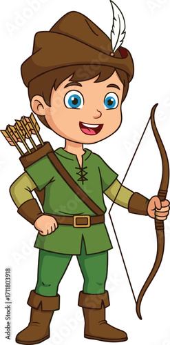 Happy cartoon boy archer in green medieval costume, holding bow and arrows, playful character, fantasy adventure, child costume, heroic pose, outdoor role play, smiling young archer