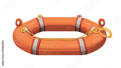 A digital illustration of an orange lifebuoy with three reflective white stripes. The lifebuoy is shown in a slightly three-quarter view, against a solid white background.  It has visible straps