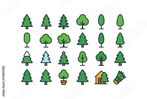 colorful flat vector icons Trees (Types) pine tree fir tree spruce tree cedar tree juniper tree tall tree short tree wide tree slim tree full tree sparse tree snow tree frosted tree glitter.