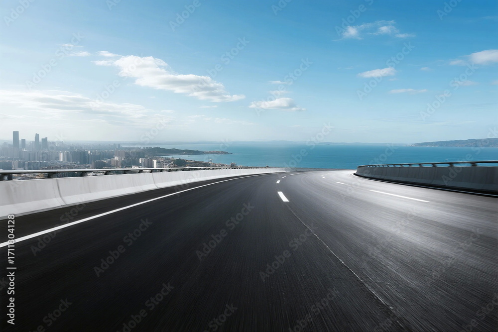 Fototapeta premium Smooth highway with city and sea view in the distance