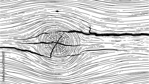 Closeup view of a cracked wooden plank with a prominent knot and grain detail