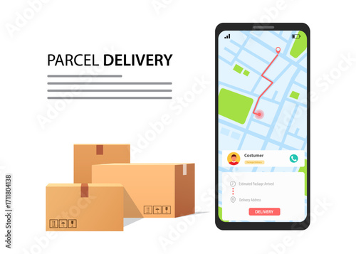 Parcel delivery tracking on cellphone or mobile phone vector, smartphone with city map on screen and pin pointers destination location with packaging boxes, stock illustration