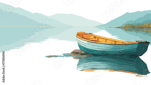 The image is a digital painting or illustration depicting a tranquil lake scene. A small rowboat, predominantly teal and light orange/yellow, is positioned near the shore. 