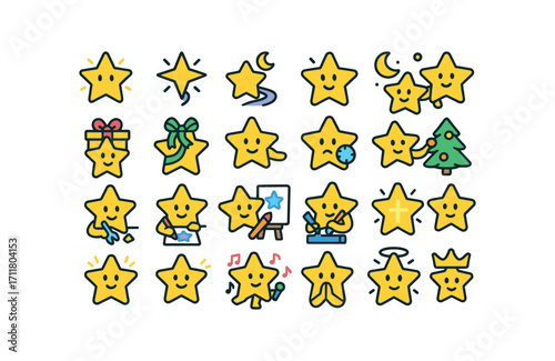 colorful flat vector icons Stars (Scenes) star glowing star shining star guiding star blessing star watching star carrying star gifting star wrapping star showing star patching star.