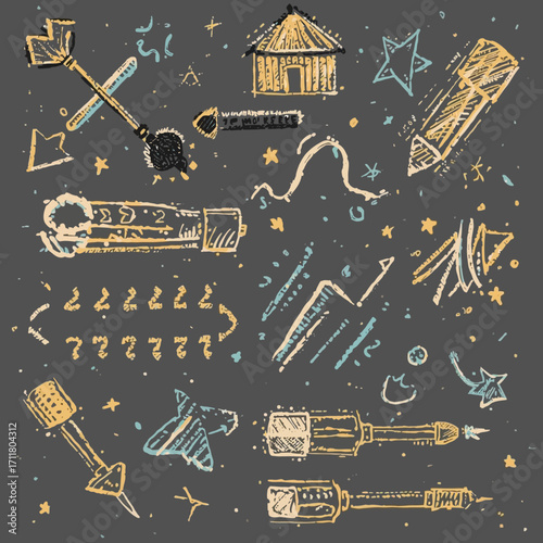 Doodles in chalky style on gray background. Suitable for educational materials, presentations, marketing campaigns, and social media posts.