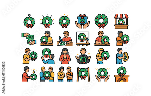 colorful flat vector icons Wreaths (Scenes) wreath hanging wreath glowing wreath shining wreath decorating wreath gifting wreath selling wreath buying wreath crafting wreath drawing wreath.