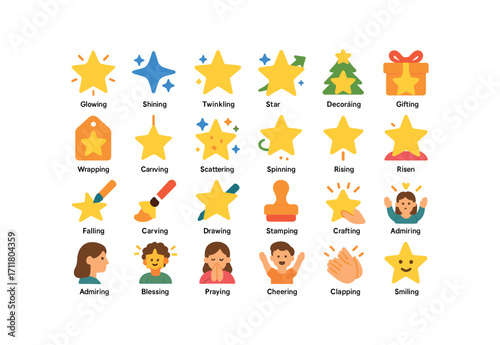 colorful flat vector icons Stars (Scenes) star glowing star shining star twinkling star guiding star decorating star gifting star wrapping star hanging star scattering star spinning star.