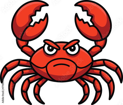 Cartoonish angry red crab with claws raised on for stock images
