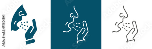 flat and linear set icons, human sneeze, flu icon, illness, chronic pneumonia, simple symbols on white and black background - editable stroke vector illustration