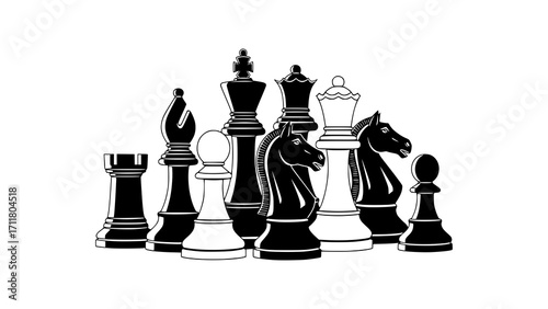 A collection of black and white chess pieces