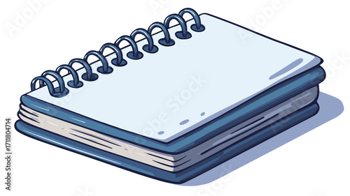 Isometric illustration of a closed spiral-bound notebook. The notebook is predominantly white with a blue cover and binding.  The illustration style is cartoonish or hand-drawn