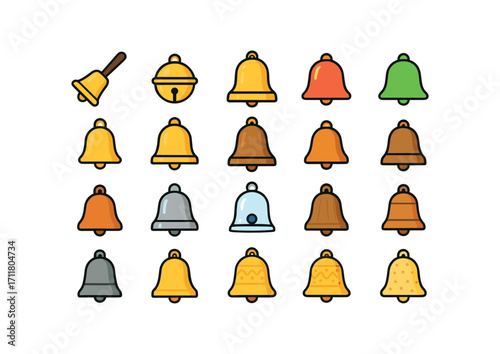 colorful flat vector icons Bells (Types) hand bell sleigh bell church bell small bell big bell red bell green bell gold bell silver bell bronze bell brass bell iron bell clay bell glass.
