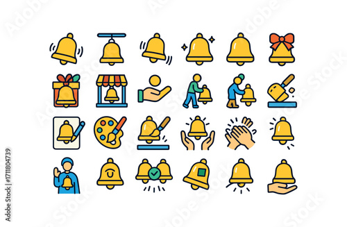 colorful flat vector icons Bells (Scenes) bell ringing bell hanging bell swinging bell shining bell glowing bell decorating bell gifting bell selling bell buying bell carrying bell storing.