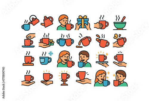colorful flat vector icons Hot Drinks (Scenes) drink pouring drink sipping drink gifting drink wrapping drink carrying drink serving drink sharing drink mixing drink stirring drink heating.