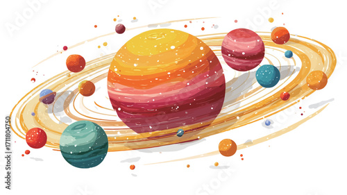 The image is a digital illustration depicting a cartoon-style solar system.  It features several planets of varying sizes and bright, unrealistic colors orbiting a central star. 