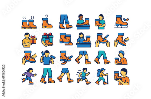 colorful flat vector icons Snow Boots (Scenes) boot drying boot hanging boot wearing boot carrying boot gifting boot storing boot selling boot buying boot tying boot lacing boot untying.