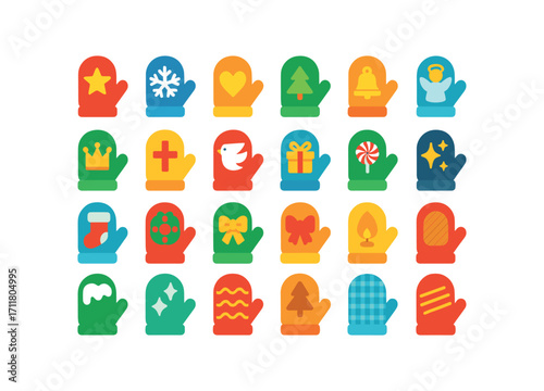 colorful flat vector icons Mittens (Decorations) mitten star mitten snow mitten heart mitten tree mitten bell mitten angel mitten crown mitten cross mitten dove mitten gift mitten candy.