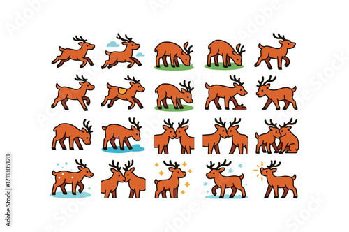 colorful flat vector icons Reindeer (Scenes) reindeer running reindeer flying reindeer grazing reindeer sleeping reindeer jumping reindeer racing reindeer resting reindeer walking reindeer.