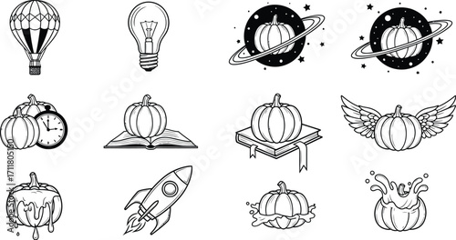 Whimsical pumpkin icons representing creativity, adventure, and autumn.