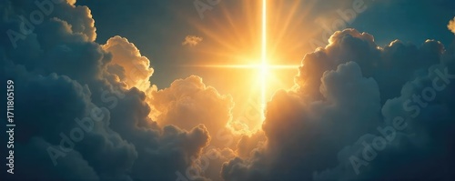 A symbolic depiction of Christian salvation; a bright light shining through dark clouds, signifying hope and redemption Perfect for religious themes and inspirational projects , gospel, christ