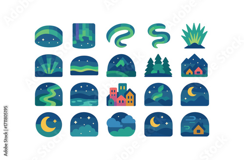 colorful flat vector icons Northern Lights (Scenes) arc curtain wave ribbon streak spiral twist corona burst ray fan sky sweep horizon glow mountain glow forest glow lake glow river glow.