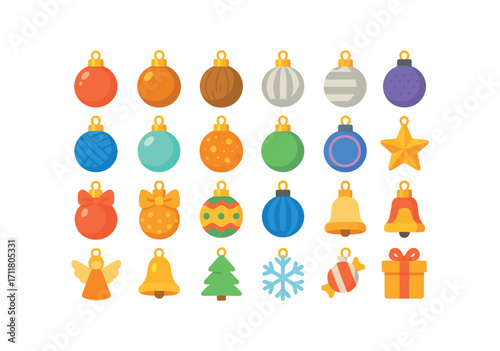 colorful flat vector icons Ornaments (Decorations) glass ball metal ball wooden ball clay ball paper ball felt ball yarn ball crystal ball plastic ball glitter ball frosted ball neon ball.