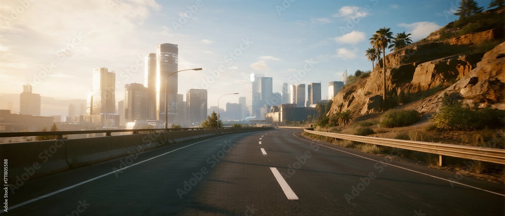 Fototapeta premium City highway with modern skyscrapers in the background during sunny day