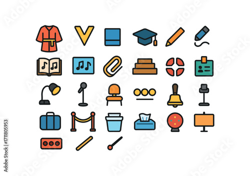 colorful flat vector icons Choirs (Decorations) robe belt robe collar robe cuff cap tassel music folio song card page clip pencil mark stand light mic stand stage riser floor mark aisle.