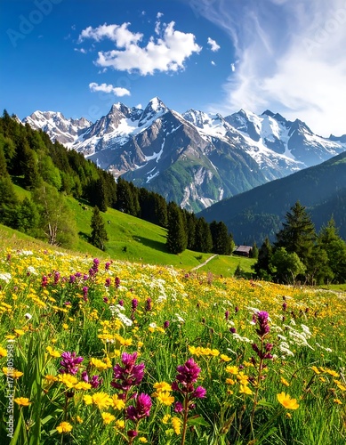 Wallpaper Mural Alpine meadow blossoms under snow-capped peaks Torontodigital.ca