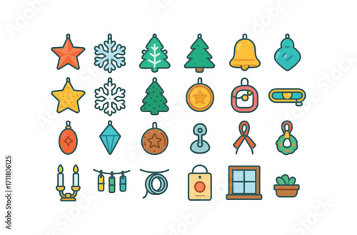 colorful flat vector icons Window Decor (Types) paper star paper snow paper tree paper bell felt star felt snow felt tree felt bell glass charm crystal charm metal charm wood charm neon.