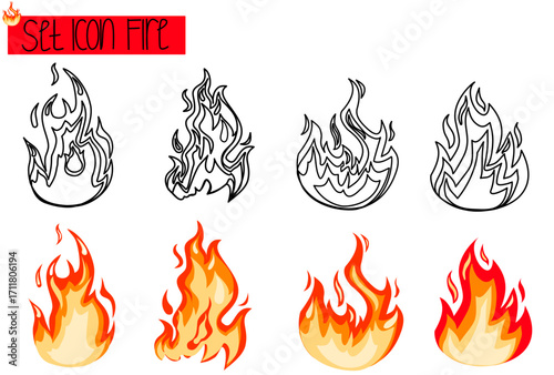 Fire icons set. Fire symbol set. Vector illustration. Fire flame icon set. hand drawn vector logo. Hot fire. Flame simple illustration. Graphic heat symbol.