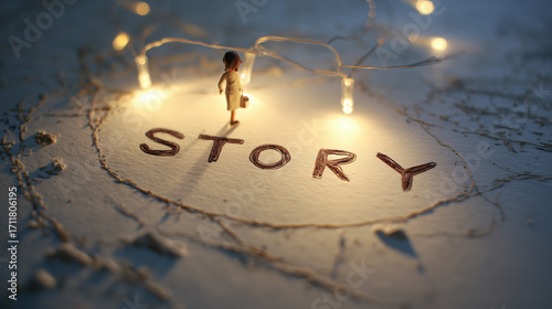 地図のような紙の上に、「STORY」という文字と、その上に立つミニチュアの小さな人形が置いてある