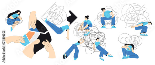 Mental Health with Man and Woman Character with Psychological Disorder Vector Set