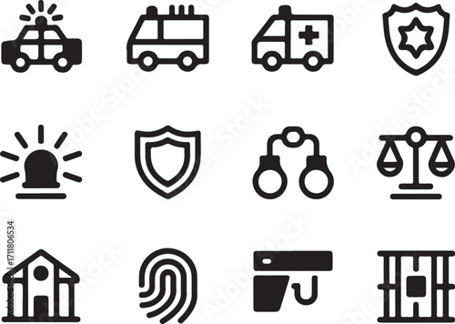 Law enforcement and justice icons for security and safety