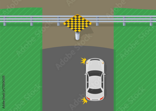 Traffic regulation rules and tips. Canadian checkerboard sign area. The road ends or blocked. Top view of a car is about to turn back. Flat vector illustration template.