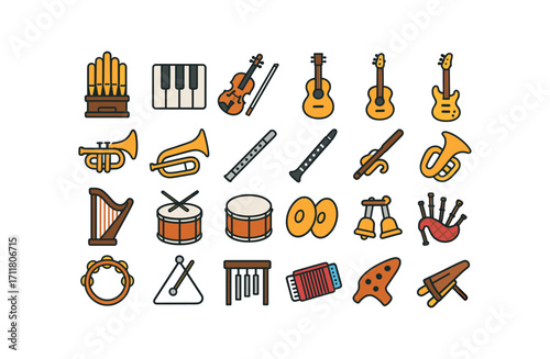colorful flat vector icons Christmas Music (Instruments) church organ piano keys violin bow cello body guitar acoustic guitar electric trumpet horn trombone slide tuba bell flute silver.