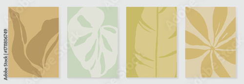 Abstract botanical poster vector set. Leaves, flower in earth tone colors. Illustration design for Eco packaging, interior, cover, wall art, wallpaper.
