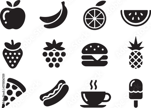 Delicious food icons: fruits, snacks, and hot drinks