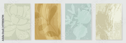 Abstract botanical poster vector set. Leaves, flower in earth tone colors. Illustration design for Eco packaging, interior, cover, wall art, wallpaper.