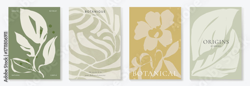 Abstract botanical poster vector set. Leaves, flower in earth tone colors. Illustration design for Eco packaging, interior, cover, wall art, wallpaper.