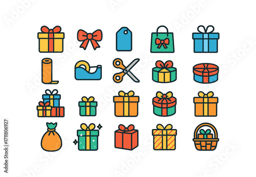colorful flat vector icons Christmas Gifts (Packaging) wrapped box ribbon bow name tag gift bag paper roll tape dispenser scissors tool folded paper stacked gifts tiny box big box square.