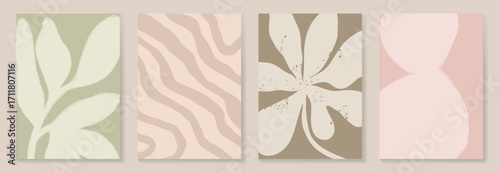 Abstract botanical poster vector set. Leaves, flower in earth tone colors. Illustration design for Eco packaging, interior, cover, wall art, wallpaper.