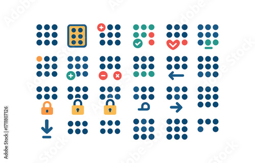 colorful flat vector icons Passcode (Basic) passcode icon passcode new passcode old passcode valid passcode invalid passcode active passcode inactive passcode add passcode remove passcode.
