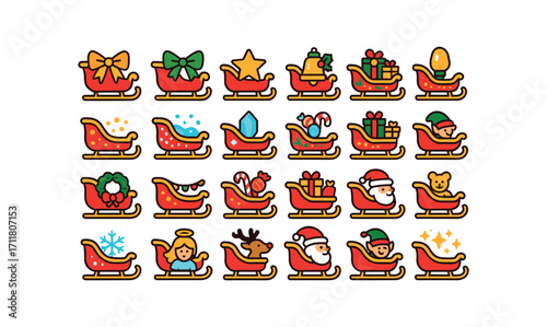 colorful flat vector icons Sleighs (Decorations) ribbon sleigh bow sleigh star sleigh bell sleigh light sleigh glitter sleigh frosted sleigh crystal sleigh painted sleigh carved sleigh.