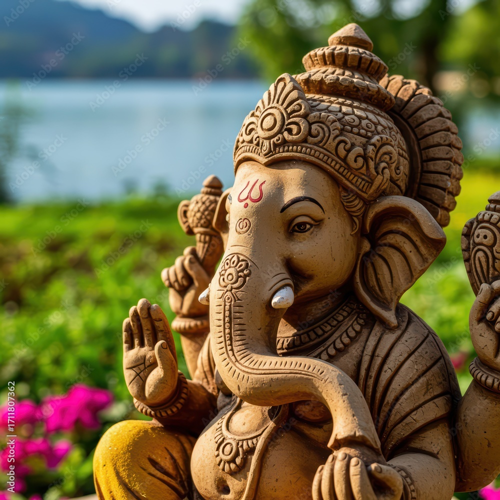 Fototapeta premium A statue of god Ganesha sitting in green grass with blurred flowers in background for festival celebration of Ganesh Chaturthi. Banner, poster, greeting card for religious Ganesha festival.