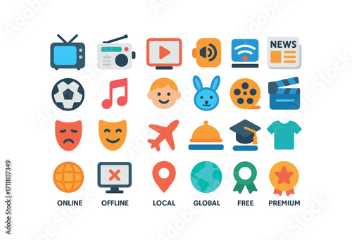 colorful flat vector icons Channel (Types) channel tv channel radio channel video channel audio channel stream channel news channel sport channel music channel kids channel cartoon channel.