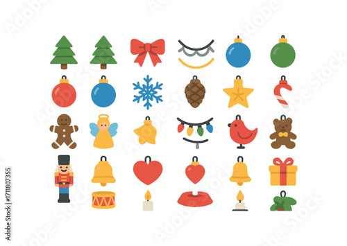 colorful flat vector icons Trees (Decorations) ribbon bow silver garland gold garland red bauble blue bauble green bauble snowflake ornament pinecone ornament candy cane gingerbread man.