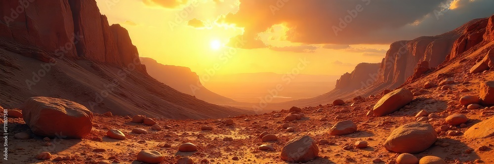 Naklejka premium A sun-drenched landscape reveals hidden dangers; sharp rocks, scorching heat, and a deceptive beauty The vibrant light contrasts starkly with the potential for harm , environment, perilous journey