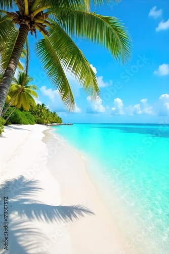 Fototapeta Naklejka Na Ścianę i Meble -  Turquoise Waters Lap Pristine White Sand Beach in the Maldives Idyllic Summer Vacation Scene